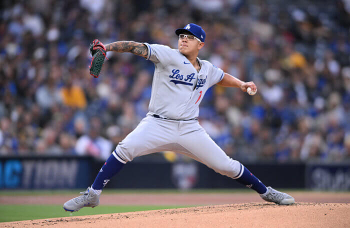 Julio Urias delivers a pitch in 2022 MLB action