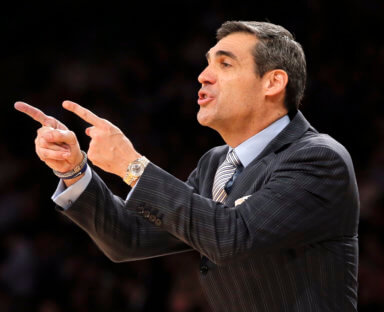 Villanova Wildcats Jay Wright calls play against St. John’s Red Storm in Big East NCAA men’s basketball tournament game in New York