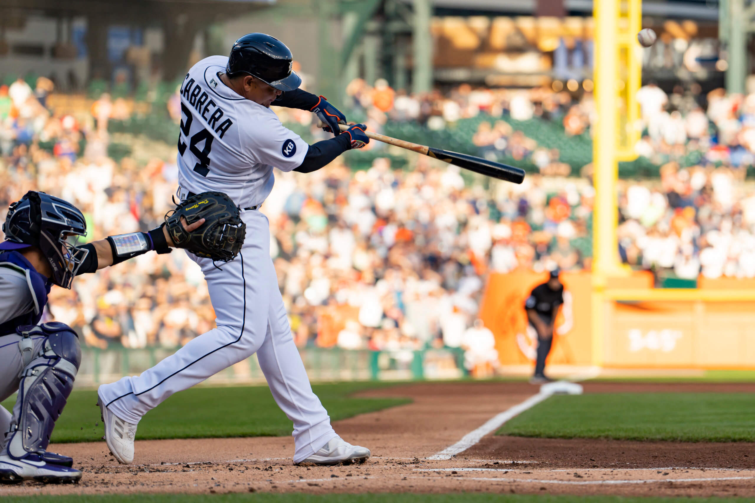 Detroit Tigers designated hitter Miguel Cabrera connects for his 3,143  major league hit, a single to left, during the third inning of a baseball  game against the Minnesota Twins, Wednesday, Aug. 9