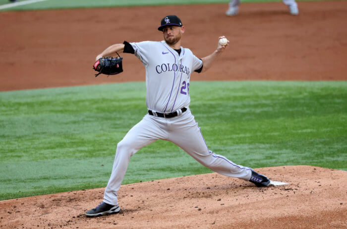 May 4 2022: Colorado pitcher Austin Gomber (26) throws a pitch during the  game with Washington