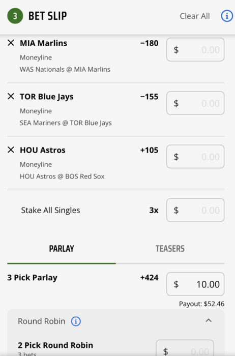 A sample round robin parlay from a sports betting site