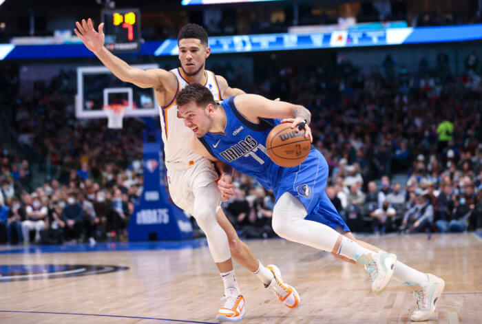 Luka Doncic attacks the basket in the 2022 NBA Playoffs